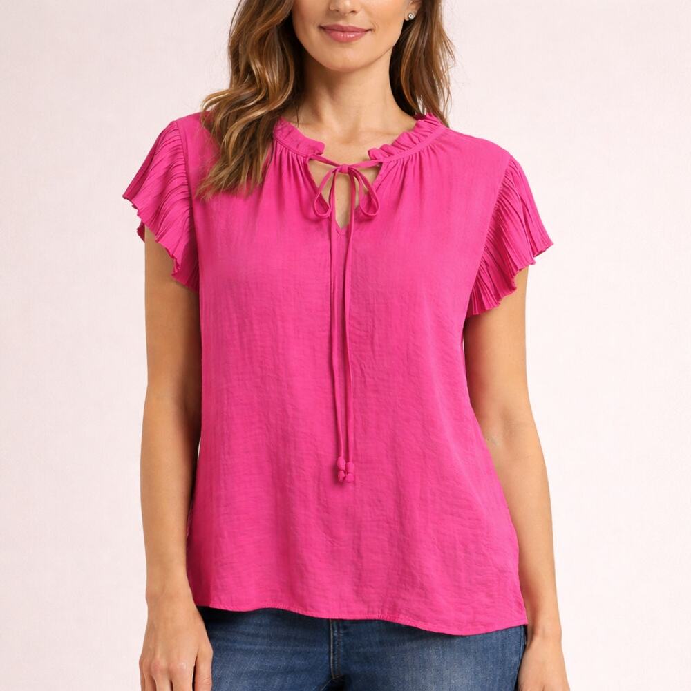 Philosophy Pink Flutter Sleeve Blouse XL Tie Neck Pleated Sleeve Top Womens
